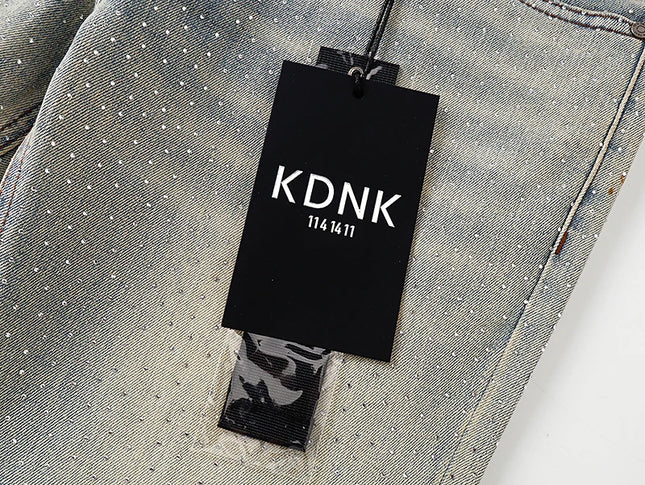 2026 KDNK stretch Jeans Men's High quality Rhinestone Slim Fit Skinny Grey straight Denim Jeans Pants