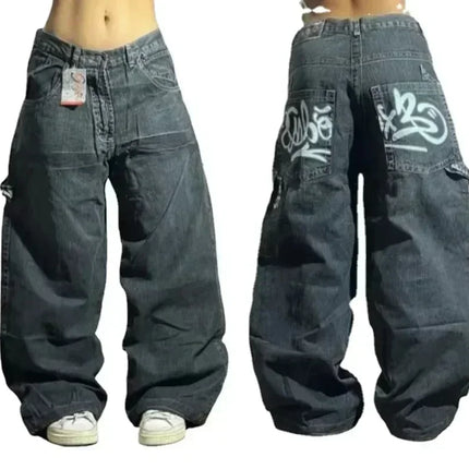 American Street Trend Letter Embroidered Loose Jeans Men Harajuku Y2K New Hip Hop Oversized Wide-leg Pants Unisex Mopping Jeans