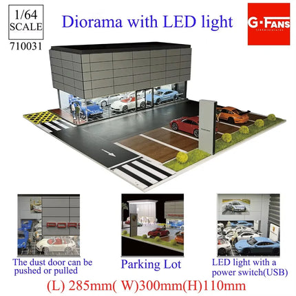 1:64 Scale Miniatures Building Scene Car Parking Lot Model Lighting Version Car Garage Diorama Models Simulation Collection Gift