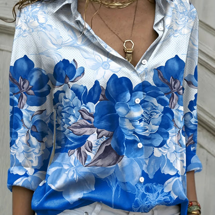 Plus Size 2024 Summer New Women's Printed Pattern Shirt Single Row Button Lapel Long Sleeve Shirt Polyester Material