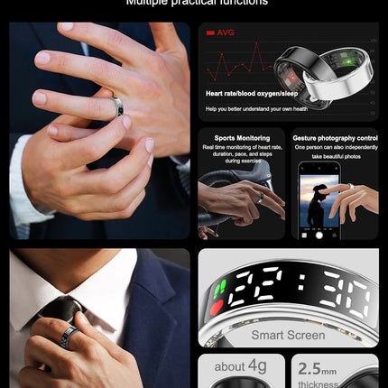 Smart Ring For Men Women Multifunctional Health Tracker Heart Rate Blood Oxygen Monitor Sport 5ATM Waterproof Ring Sleep Fitness