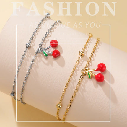 Teamer Enamel Cherry Charm Bracelet For Woman Gold Color Stainless Steel Double Bead Chain Fashion Birthday Friend Jewelry Gift
