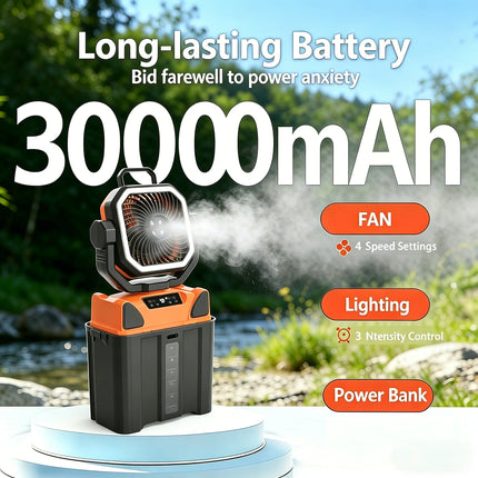 30000mAh Outdoor 6L Water Tank Spray Camping Fan with Remote Control Lighting 4 Gears Speed for Fishing Portable Electric Fan
