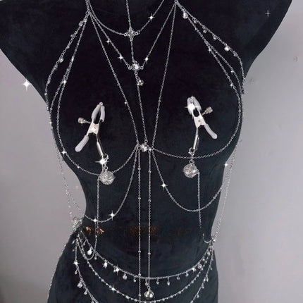 Sparkling Body Chain with Nipple Clamps Collar All-in-One BDSM Training Set Paired with Waist Chain Sexy Accessories Sex Toys