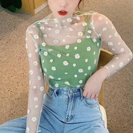2023 Autumn Hollow Out Mesh T-Shirt Daisy Flower Pattern Crop Top sexy Transparent Long Sleeves Basic Tops For Women Lace Tops