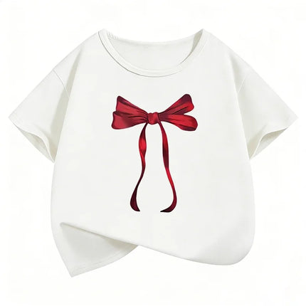 Y2k Red Bow Design Printed Funny T Shirts Graphic Kids Short Sleeve T-shirt Boys Girls Summer Spring Casual Top Tee Shirt
