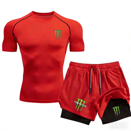 Men's Monster Energy Fitness Sportswear Set with Shorts And Tight T-Shirt Ideal for Running