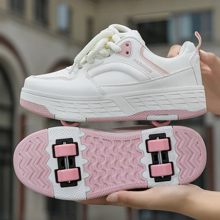 Children's Roller Skates Four-Wheel Wear-Resistant Fashion Leather Breathable Sports Entertainment Wheel Shoes for Kids