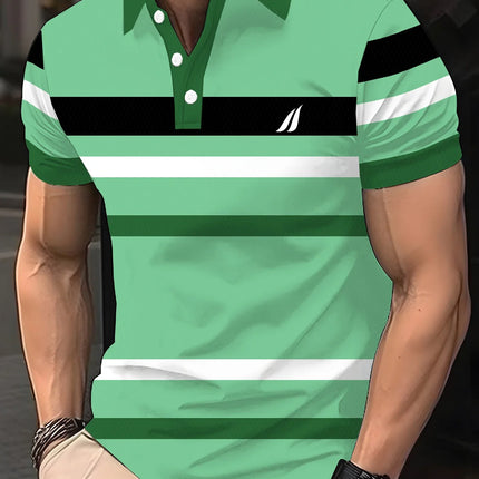Men's casual striped checkered golf shirt, short-sleeved polo shirt for spring, summer, autumn and winter