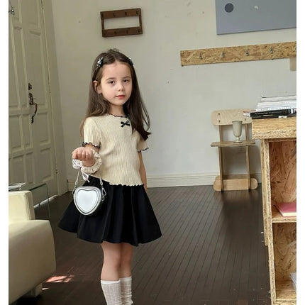 Girls' Ice Silk T-shirt Korean Style Short Sleeve Tops Children's Clothes 2025 Girl Summer Teen Kids Bow Round Neck Solid Tops
