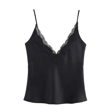 Women's Lace Decorative Strap Top Silk Satin Feel Versatile 2024 Autumn New Style Fashion Outerwear Regular Length