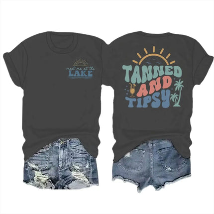 Summer Beach Series T-shirts For Women Men "Tanned And Tipsy" Vacation Trip Tshirt Crewneck Short Sleeve Casual Camisetas Mujer