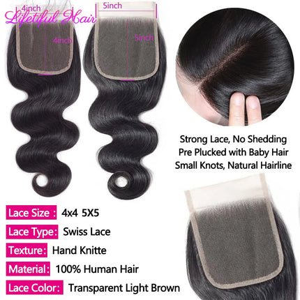 Body Wave Closure Only 4x4/5x5/2x6 HD Lace Closure Human Hair Extensions Baby Hair Brazilian Swiss Transparent Lace For Women