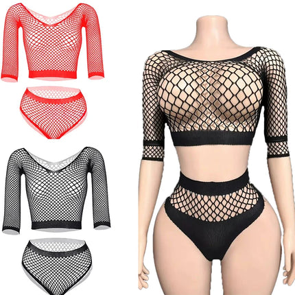 Sexy Pure Desire Underwear Women's Thin Transparent Temptation Mesh Clothes Hollow Mesh Top Shorts Romantic Three Point Set
