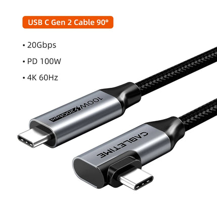 CABLETIME USB C to USB C Cable USB 3.2 Gen 2 20Gbps 90 Degree PD 100W 4K 60Hz Video Fast Charging for iPhone 16 Macbook Pro iPad