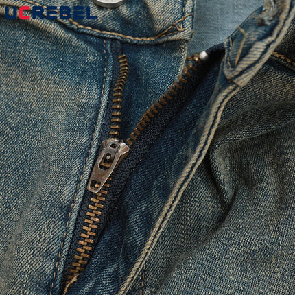 Double Knee Denim Flare Pants Mens Retro High Street Spring Loose Pocket Washed Distressed Carpenter Jeans Men