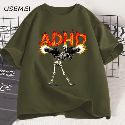 ADHD Skeleton Meme T Shirts for Men Casual Cotton Short Sleeve Tees Streetwear Loose Fashion Skull Graphis T Shirts Streetwear