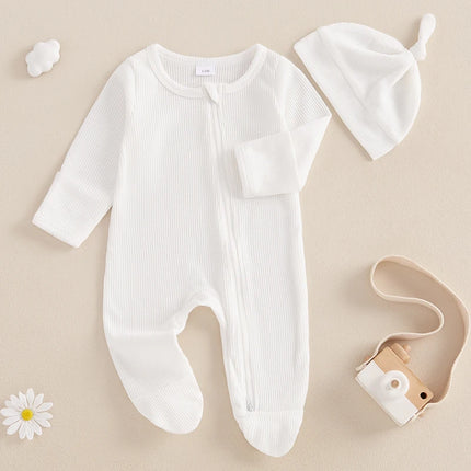 Pudcoco Newborn Baby Fall Footed Romper Solid Color Waffle Long Sleeve Crew Neck Zipper Jumpsuit with Hat 0-12M