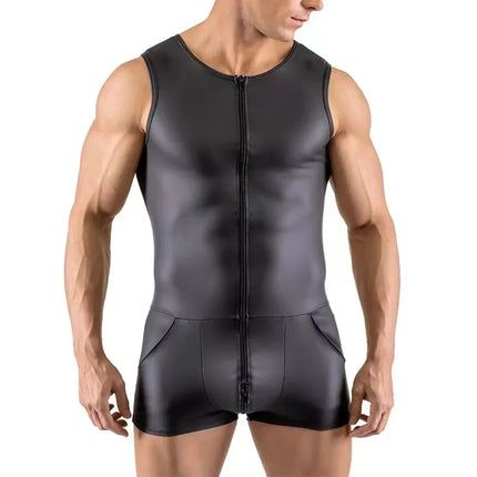 New Men Sexy Wet Look Lacquered Patent Leather Sleeveless Bodysuit Jumpsuit Clubwear Costume Zip Up Tight Solid Men's Bodysuits