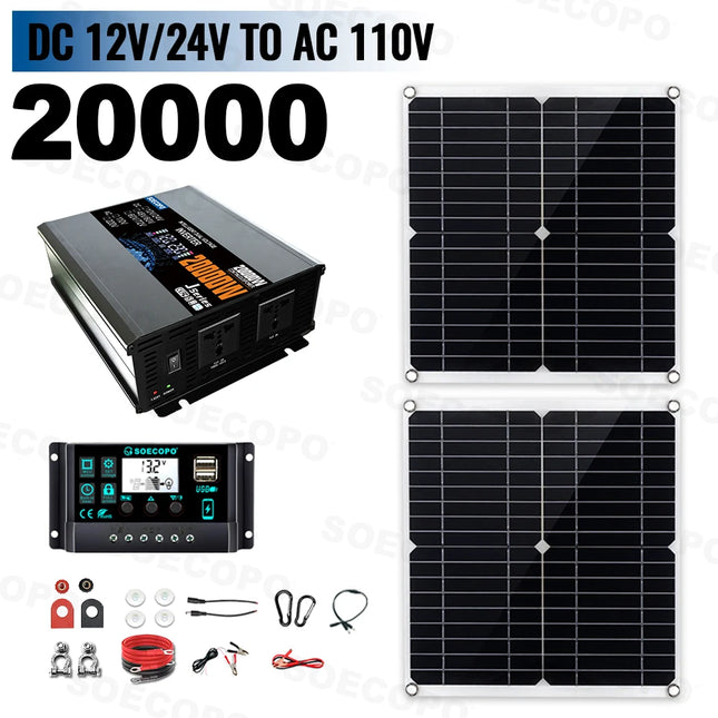 SOECOPO 20000W Peak Solar System Complete Kit 2*300W Panel 12V 24V To 220V 110V Inverter Socket 100A Controller for Home Camping