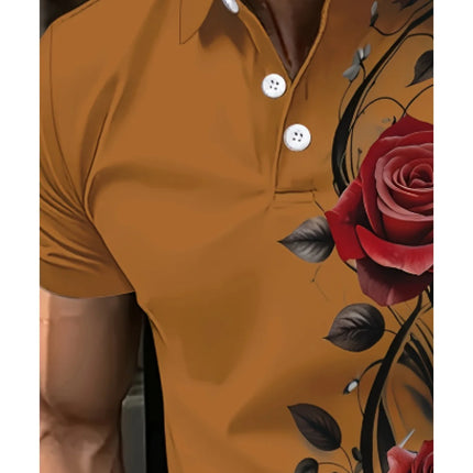Men's Fashion Shirt Printed Design Short Sleeved Shirt,Casual Short Sleeved Shirt -Bright BlueRed Rose and Black Leaf Full Print