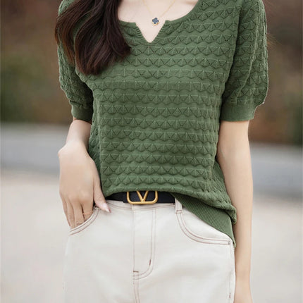 Women's T-shirt Summer New 100% Pure Cotton Tees Casual Solid Knitted Short sleeved V-neck Pullover Loose Tops Fashion Sweater