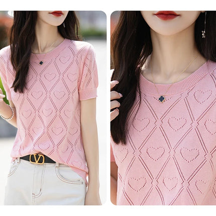 New Summer Fashion 100% Pure Cotton Women's Sweater Short sleeved Casual O-neck Pullover T-shirt Loose Knitted Hollow Top