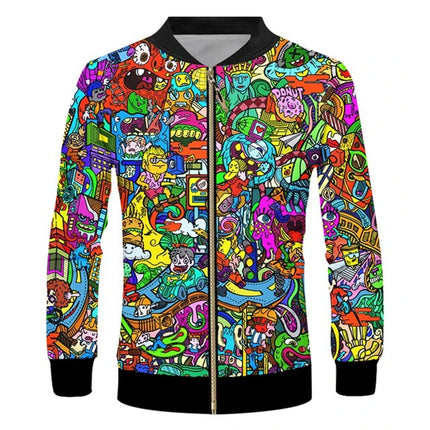 Psychedelic Graphic Jacket Pop 3D Printed Zipper Jacket Unisex Casual Overcoat Loose Plus Size Zip Up Coat Outdoor Sportwear Top
