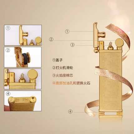 Japan Retro Gold Thin Wheel Kerosenes Lighter Metal Portable ultra-thin Gasolines Flint Wick Lighter for Men's Cigarette Gift