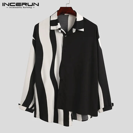 2026 Men Striped Patchwork Shirts Brand Streetwear Lapel Tops Fashion Irregular Shirts Long Sleeve Casual Camisas S-5XL INCERUN