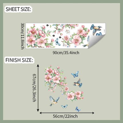 1PCS Watercolor Peach Tree Branches Leaves Bird Butterfly Bedroom Living Room Home Beautify Decorative Wall Stickers