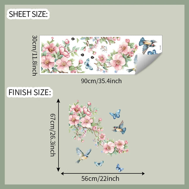 1PC Watercolor Peach Tree Branches Leaves Bird Butterfly Bedroom Living Room Home Beautify Decorative Wall Stickers