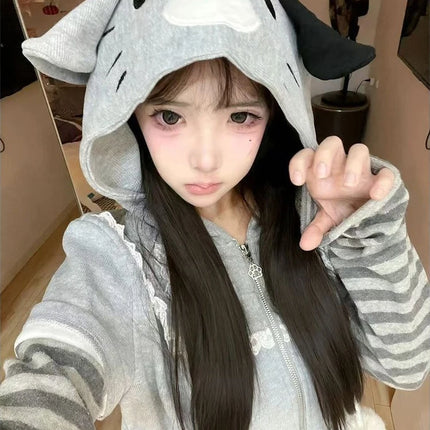 Japanese Harajuku Kawaii Long Sleeve Hoodie Women Cat Ears Sweet Sweatshirt Lace Striped Zipper Casual Cartoon 2025 Autumn