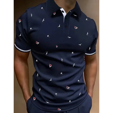 Summer Men's 3D Contrasting Collar Design Short Sleeved Lapel Golf Shirt Casual Style Summer Top