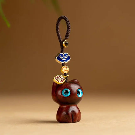 Sandalwood Wooden Cat Keychain Anime Cute Mobile Phone Chain Wooden Pendant Personality Creative Cute Accessories Hand-knitted