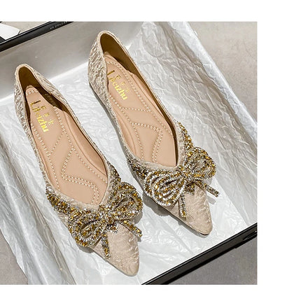 Women Flat Elegant Fashion Women Flat Fashion Ballet Shoes Ladies Bling Crystal Bow Tie Pointed Toe Flats Shoes Zapatos De Mujer