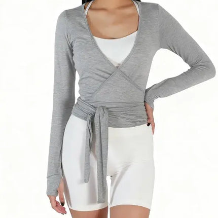 Women Sexy Wrap Crop Tops Tees Long Sleeve Deep V Neck Tie Workout Ballet Pilates Yoga T-Shirts with Thumb Holes Cropped Tops