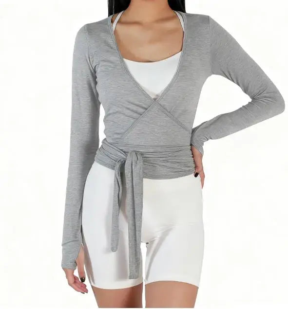 Women Sexy Wrap Crop Tops Tees Long Sleeve Deep V Neck Tie Workout Ballet Pilates Yoga T-Shirts with Thumb Holes Cropped Tops