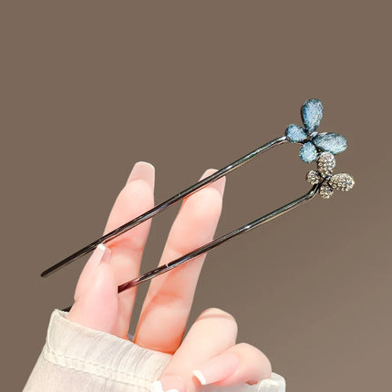 Metal Flower Hair Stick For Women Girls U-shaped Hairpin Fashion Hair Clip Pins New Blue Crystal Hair Bun Hair Accessories