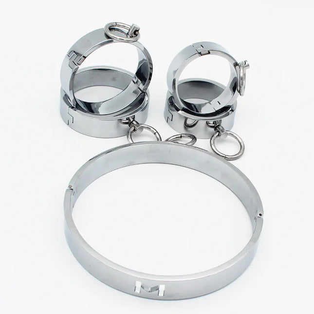 Metal Handcuffs Wrist Ankle Cuffs Locking Neck Collar Posture Slave Bondage SM Spreader Bar Shackles Adult Sex Toys Men Women