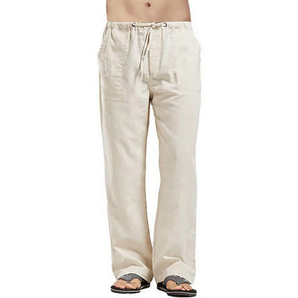 Men's Linen Loose Drawstring Pants Summer Breathable Casual Solid Color Trousers Youth Fashion Street Straight Pants