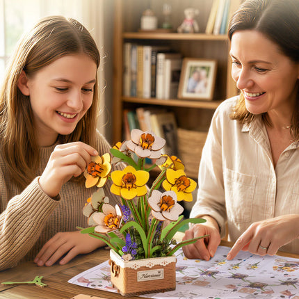 Rolife Artificial Flower Wooden 3D Puzzle Narcissus DIY Flower Bouquet Model Building Kit for Home Decor Mother's Day Valentine's Day Gifts