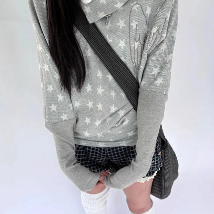 Winter Korean Vintage Irregular Warm Tops Women Stacked Collar Long Sleeve Loose Sweatshirt Retro Fashion Star Print Sweater New