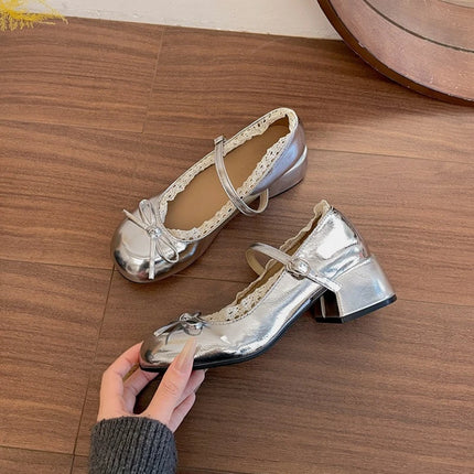 Silvery Women Mary Jane Shoes Elegant Patent Leather Wedding Party Thick Heel Shoes Spring Autumn Concise Zapatos De Mujer