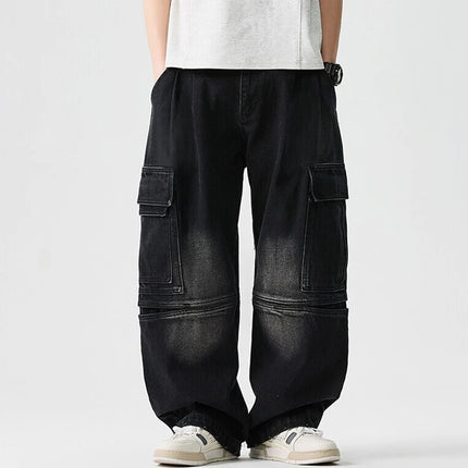 Men Denim Cargo Pants New Arrival 2026 Spring Safari Style Streetwear Vintage Big Pockets Loose Male Casual Wide Leg Jeans N063