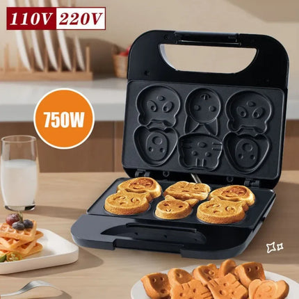 Household Cartoon Biscuit Machine US 110V Donut Machine Black 7-hole Round Cake Machine Cake Bread DIY Easy To Clean