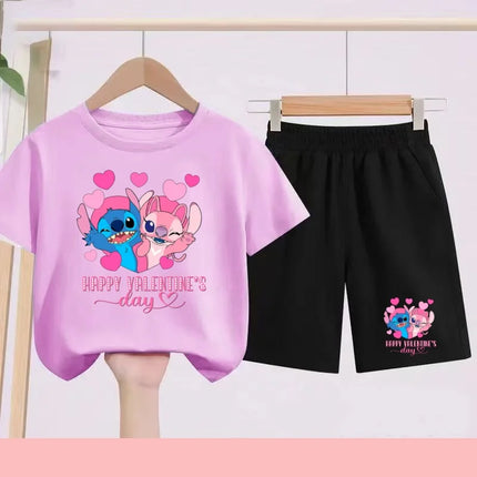 Disney 2026 Summer Round-neck Short-sleeved Set Girl Stitch Printed T-shirt Fashion Child Top+Shorts Casual Daily Sportswear Set
