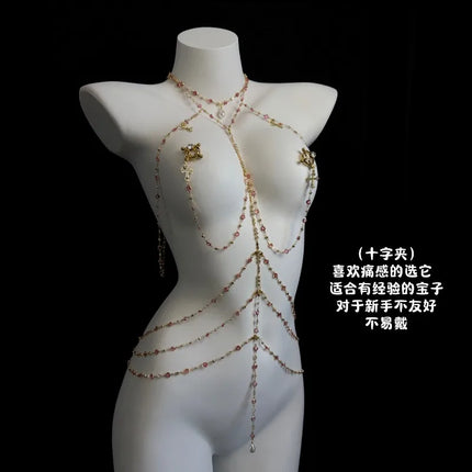 Rhinestone Sexy Chain Nipple Clamps One-Piece Body Chain Luxury Collar Includes Anal Plug and Vaginal Clamps BDSM Training Sexy