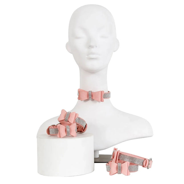 Luxury Pink Leather BDSM Set Rhinestone Bow Choker Collar with Handcuffs Ankle Cuffs Slave Role Play Fetish Gear for Women