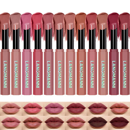 Peach Nude Velvet Matte Lipstick 12 Color Waterproof Lipstick Pencil Long-Lasting Highly-Pigment Rose Wood Lip Stain Tint Makeup